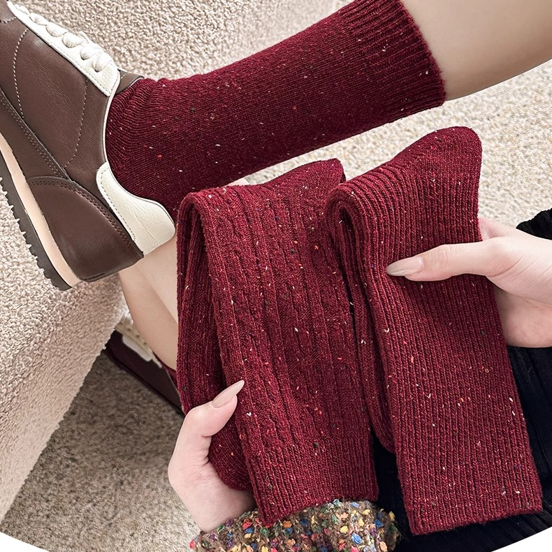 秋冬新年本命年安哥拉红点子纱女袜中筒保暖酒红时尚百搭堆堆袜