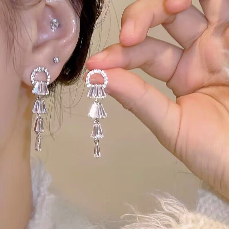 925银针气质名媛超闪满钻长款流苏耳环小众设计感精致圆脸耳饰女