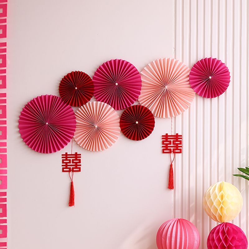 婚房装饰布置女方卧室男方新房背景墙客厅楼梯结婚纸扇花折叠扇子