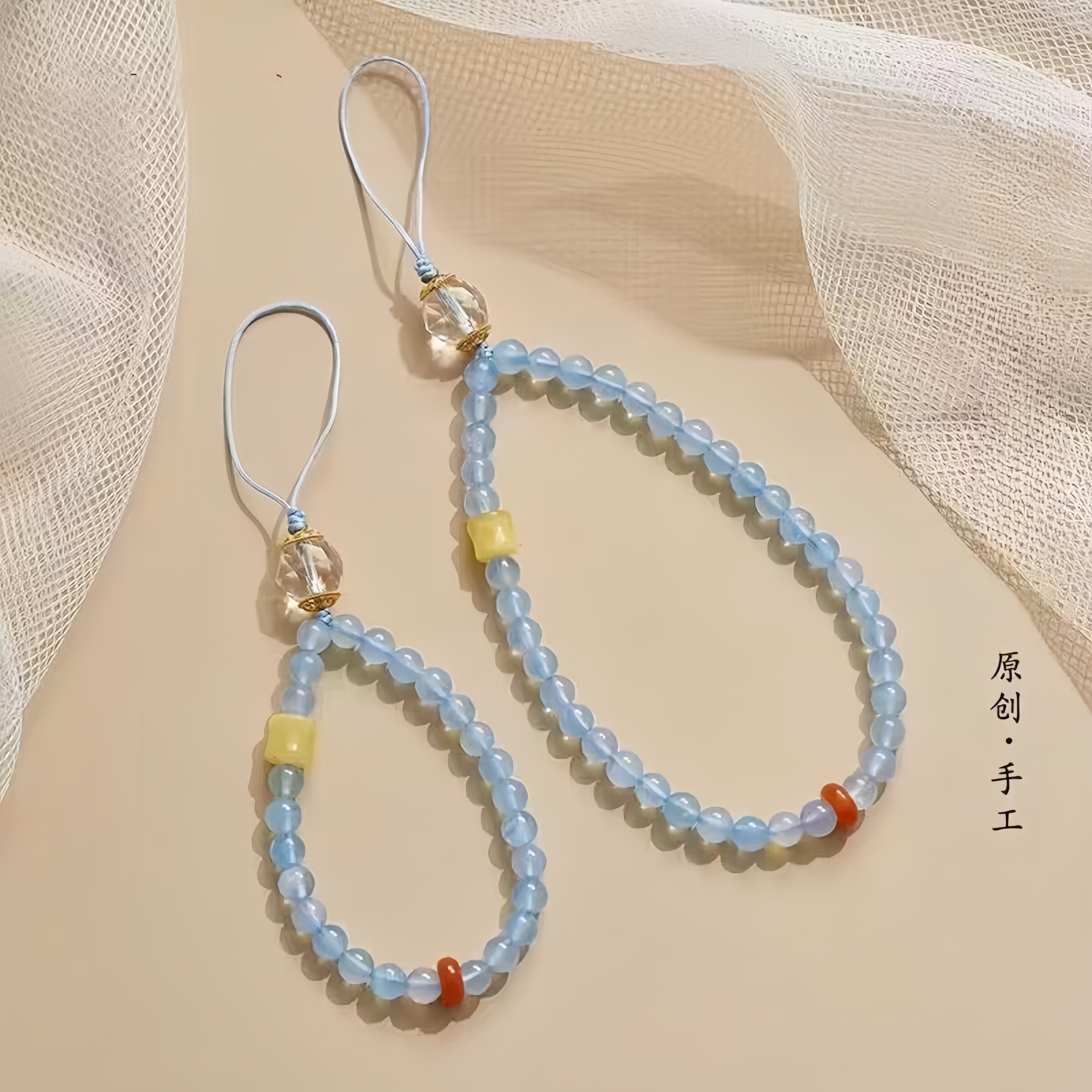 2025款海蓝色手机链挂件小众设计水晶U盘挂饰防摔手腕挂绳女礼物