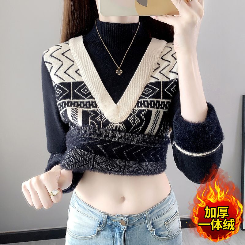 假两件一体绒毛衣女士秋冬装修身内搭针织衫加绒加厚保暖打底上衣