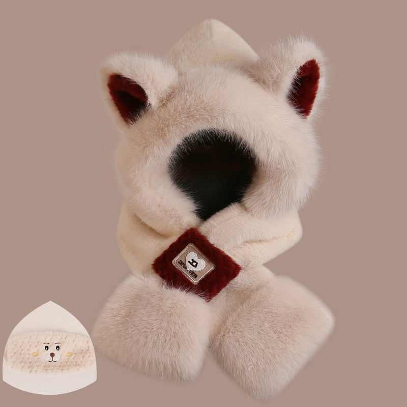 毛绒帽子女可爱小熊围巾冬季新款学生加厚保暖护耳帽围脖口罩一体