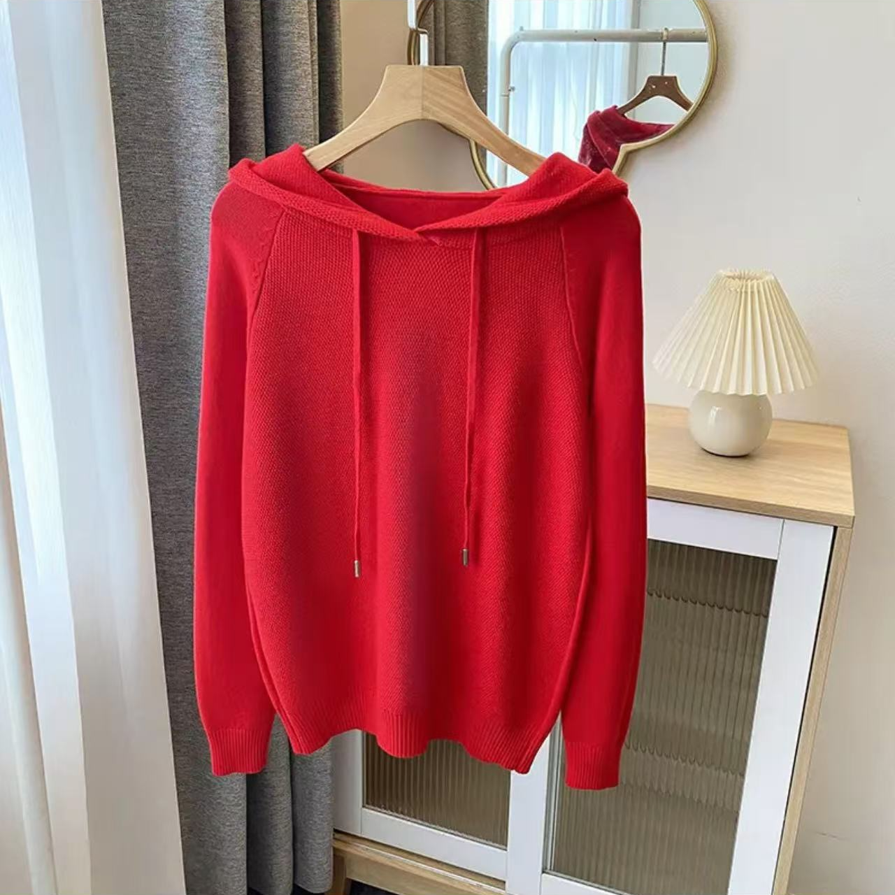 ～减龄外穿～连帽针织衫秋冬洋气加厚桂花针织打底上衣百搭毛衣红色