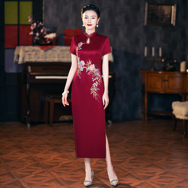 【正品苏绣】旗袍进口三醋酸修身时尚喜婆婆婚宴礼服喜妈妈敬酒服N