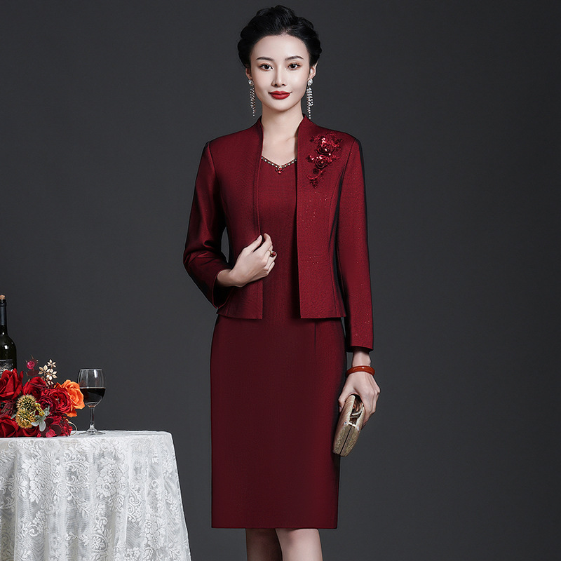 【套装】小个子喜妈妈婚宴礼服优雅端庄修身中老年大码两件套长袖Z
