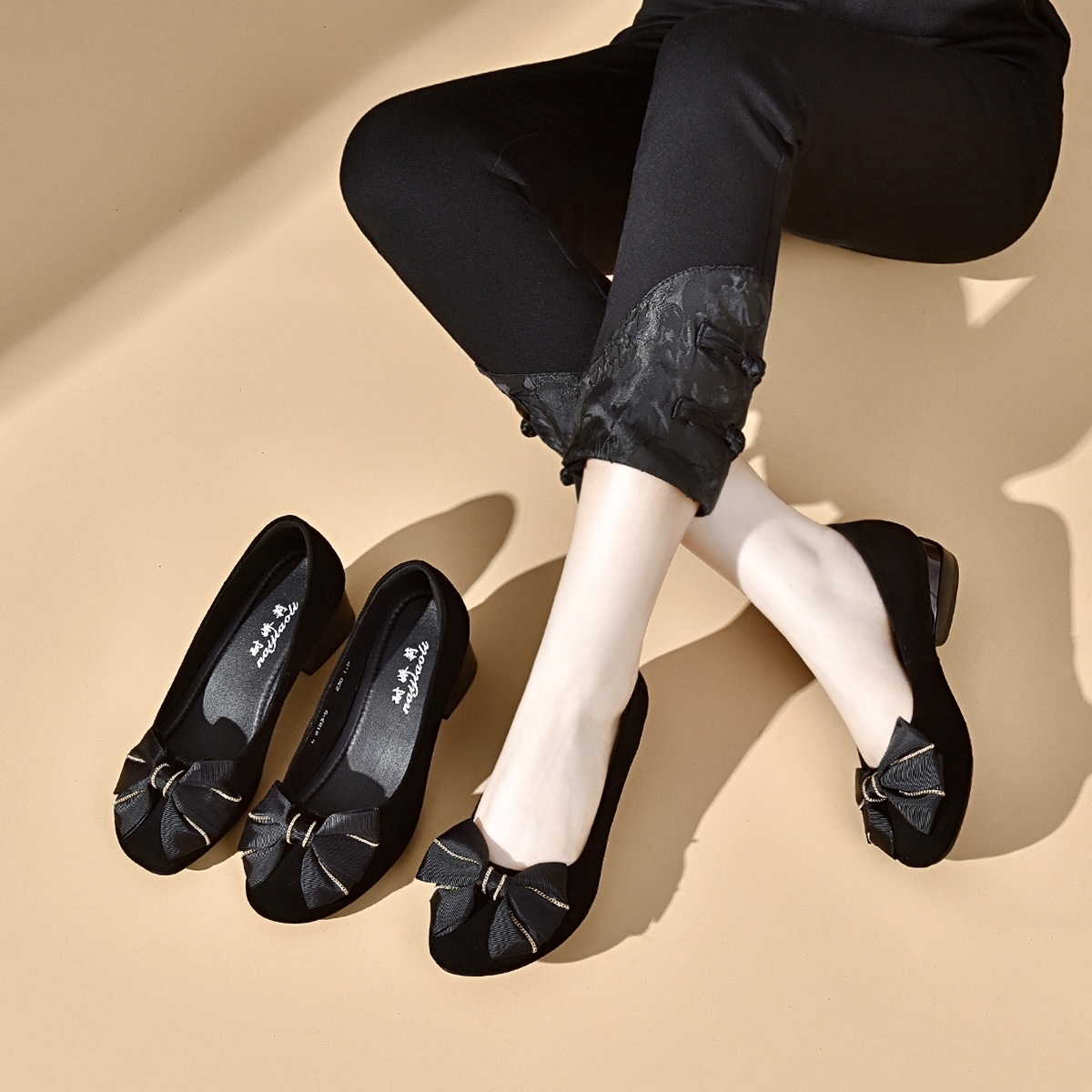 naijiaoli/耐娇莉春秋品牌新款正品真羊皮圆头浅口粗跟软底单鞋