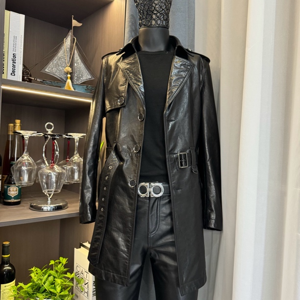 春季新款风衣中年男士中长款真皮牛皮风衣皮夹克外套黑色休闲复古