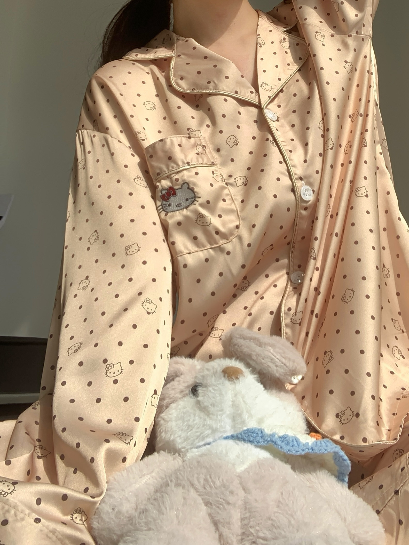 设计感波点凯蒂猫冰丝睡衣女套装夏季薄款高级长袖长裤凉感家居服