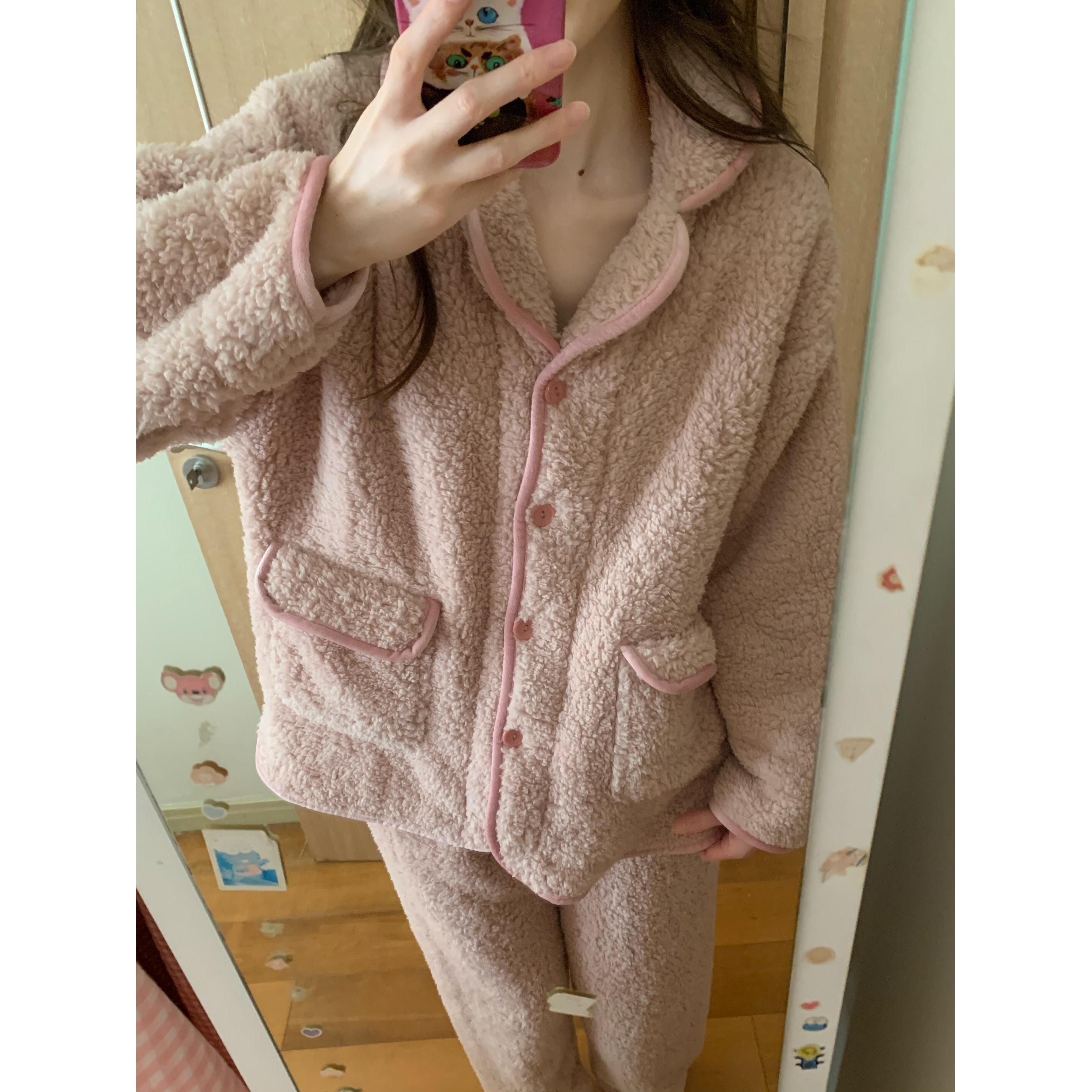 【日系粉色】简约珊瑚绒睡衣秋冬款女生2024新款家居服毛绒套装