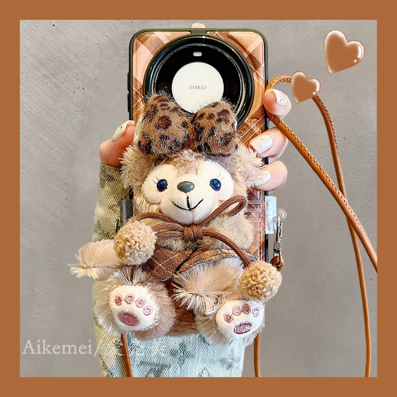 适用华为mate70pro+手机壳可爱卡通mate60pro+毛绒达菲熊斜挎背带