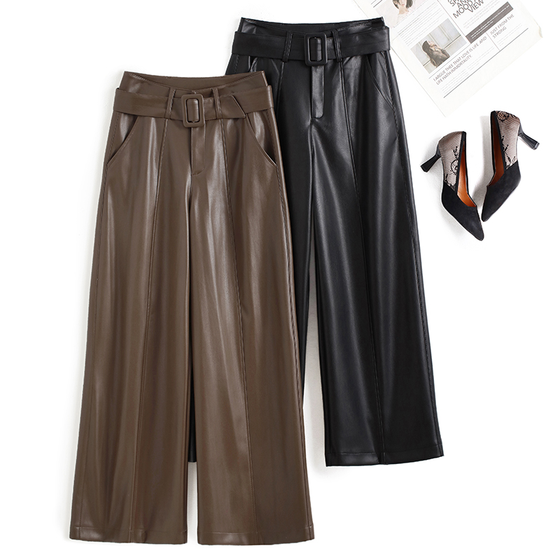 2382秋冬新款海宁皮裤女高腰直筒九分裤宽松显瘦阔腿裤