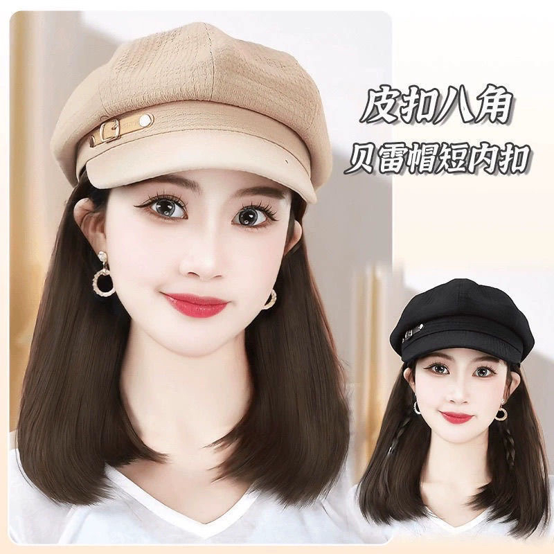 秋冬季新款网红减龄锁骨发百搭洋气八角帽帽子假发一体内扣假发帽