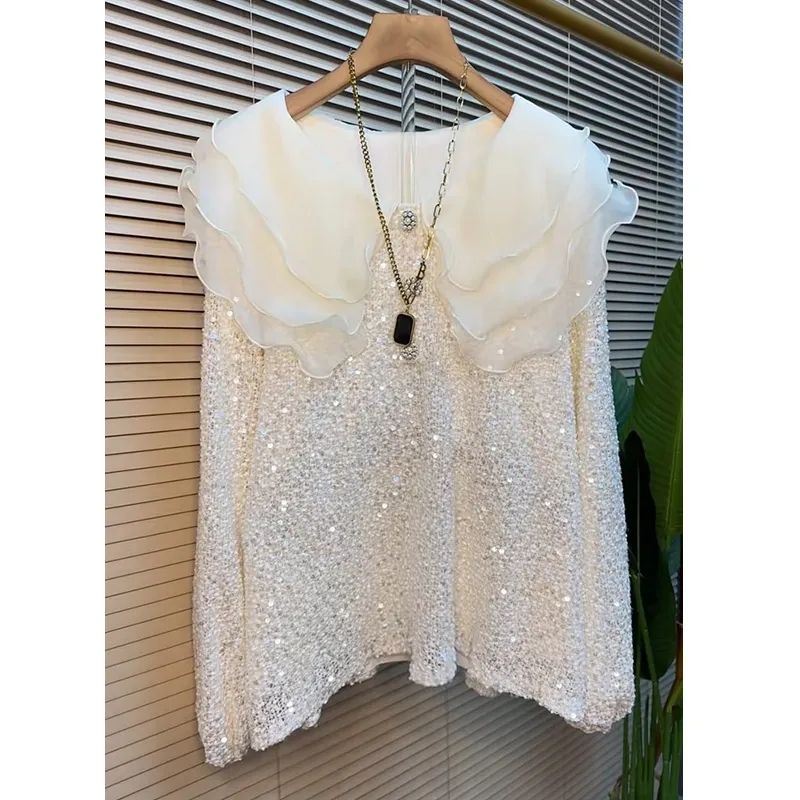 2026春季新款宽松显瘦百搭时尚亮片小衫女气质大码法式娃娃领衬衫