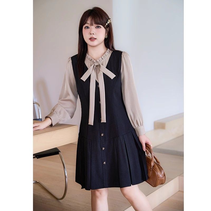 2025秋季新款法式甜美气质收腰A字遮肉显瘦百搭长袖假两件上衣女