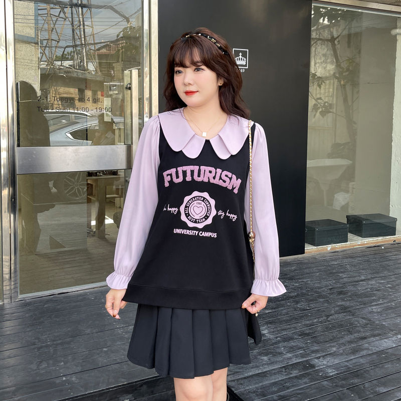 胖mm大码女装藏肉设计感上衣秋季新款甜美温柔娃娃领假两件卫衣女