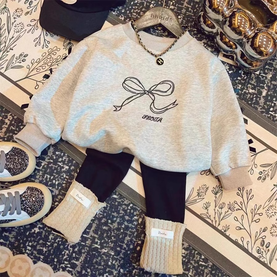 女童秋装套装新款2024蝴蝶结卫衣中童休闲上衣堆堆袜打底裤两件套