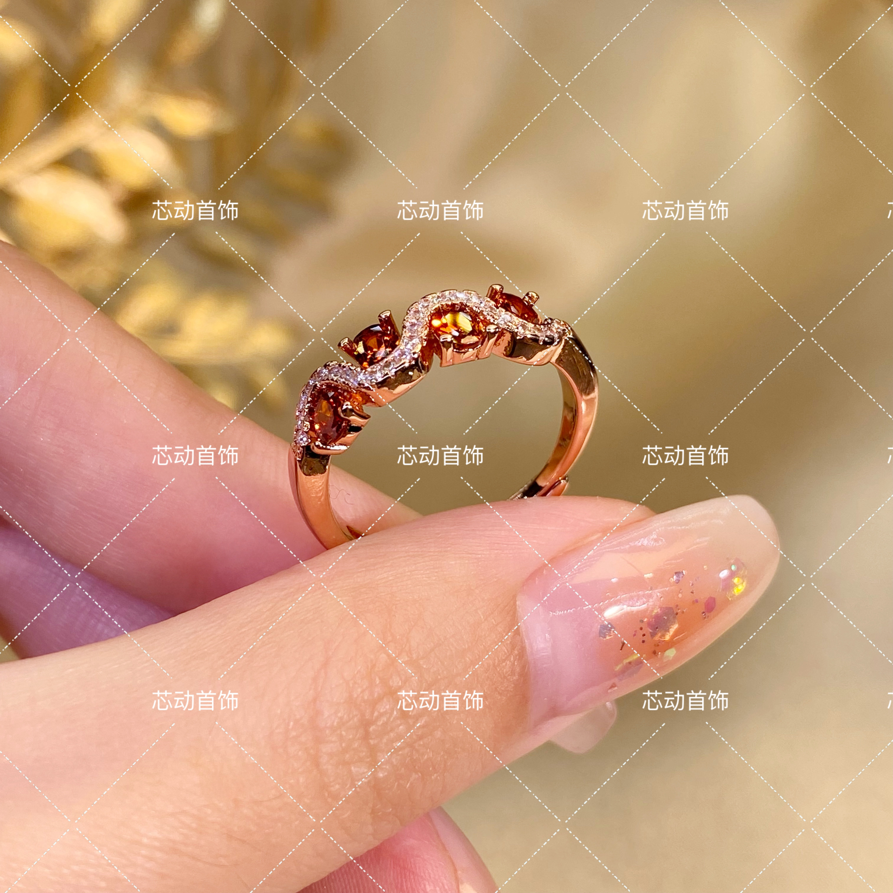 新品排戒【花藤】 3×4mm人工宝橘色轻奢镶嵌气质芬达百搭k3192