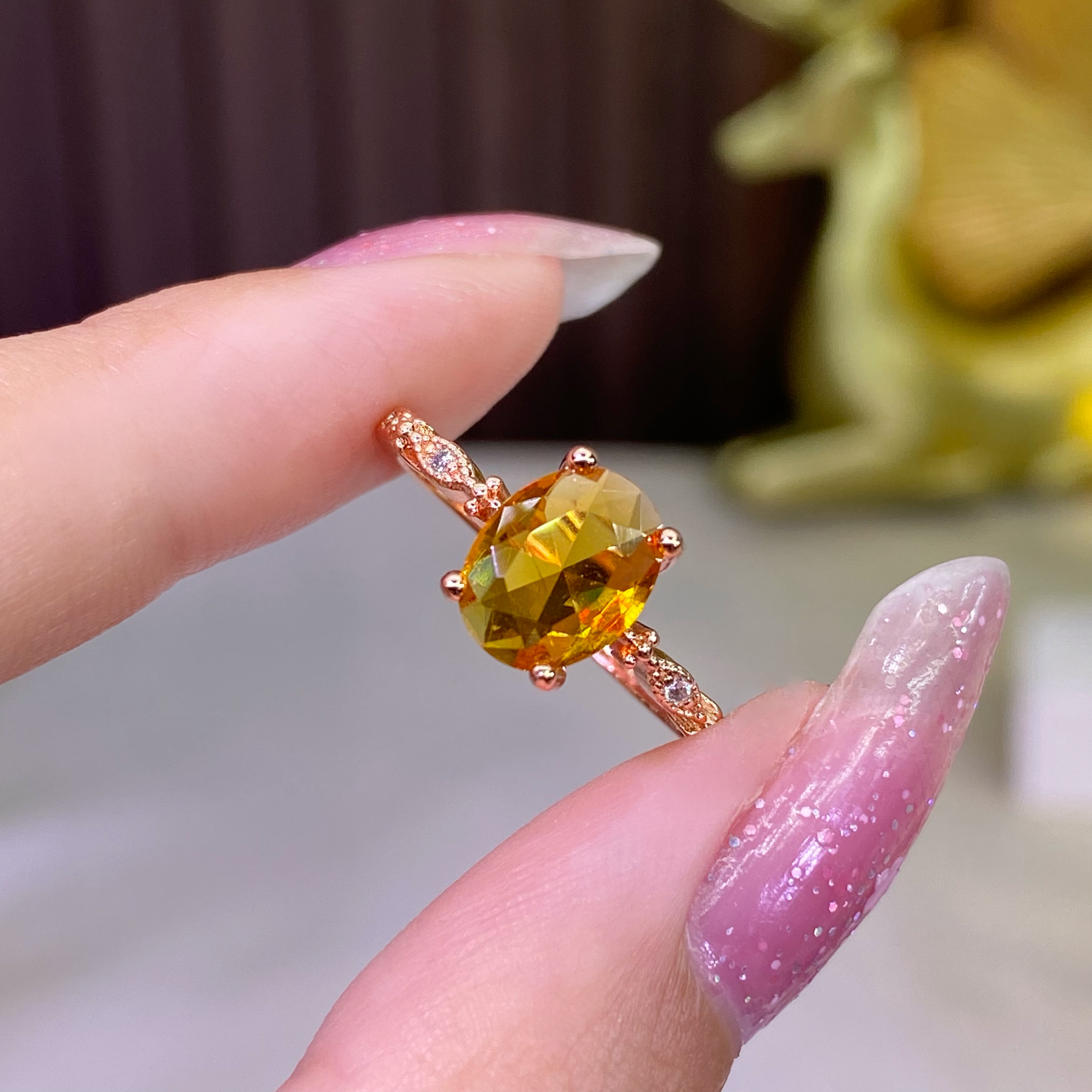 新品戒指 【黄精灵】7×9mm人工宝黄色镶嵌轻奢高级百搭