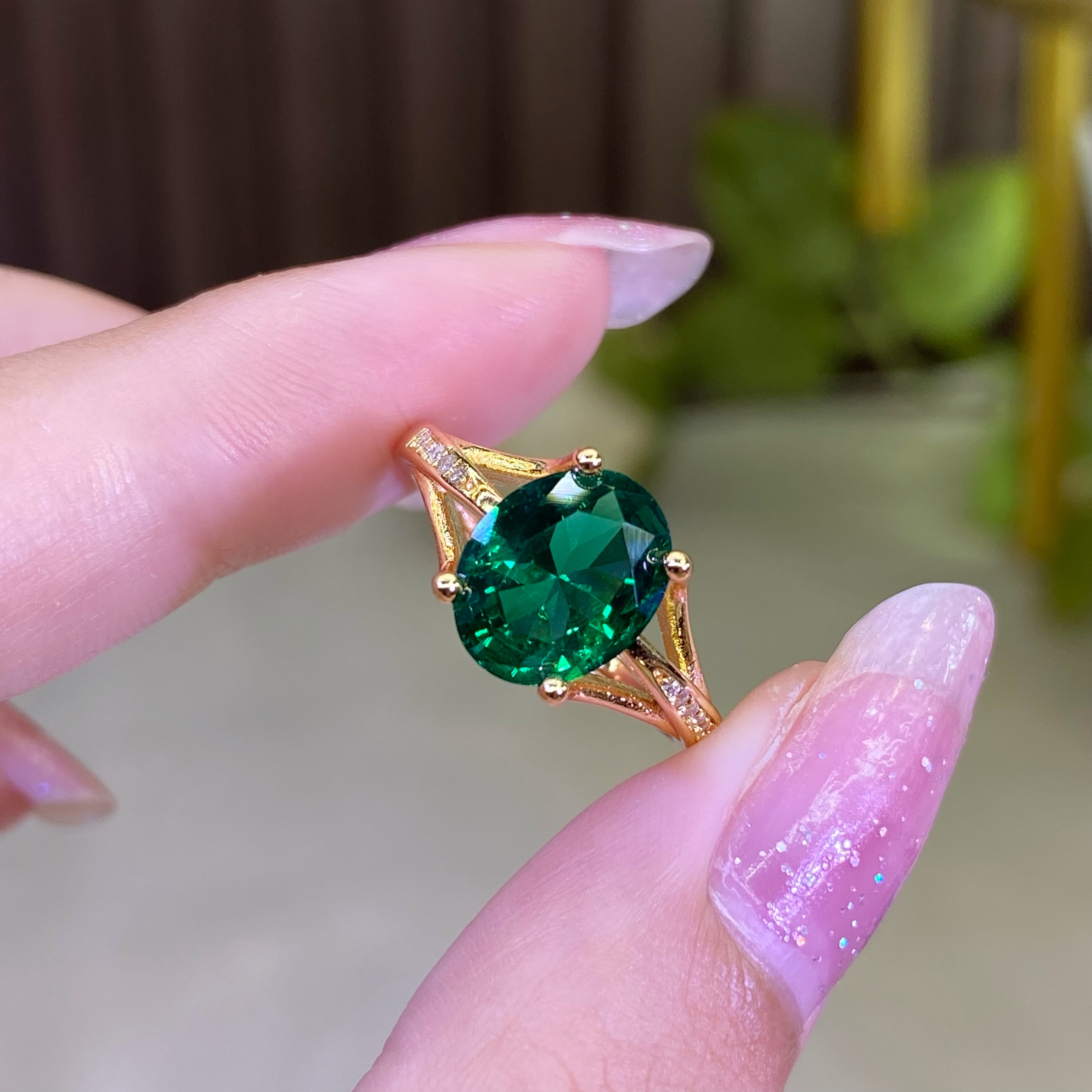 新品2【木青】戒指 8x10mm人工宝祖绿色镶嵌轻奢气质精致时尚k1314