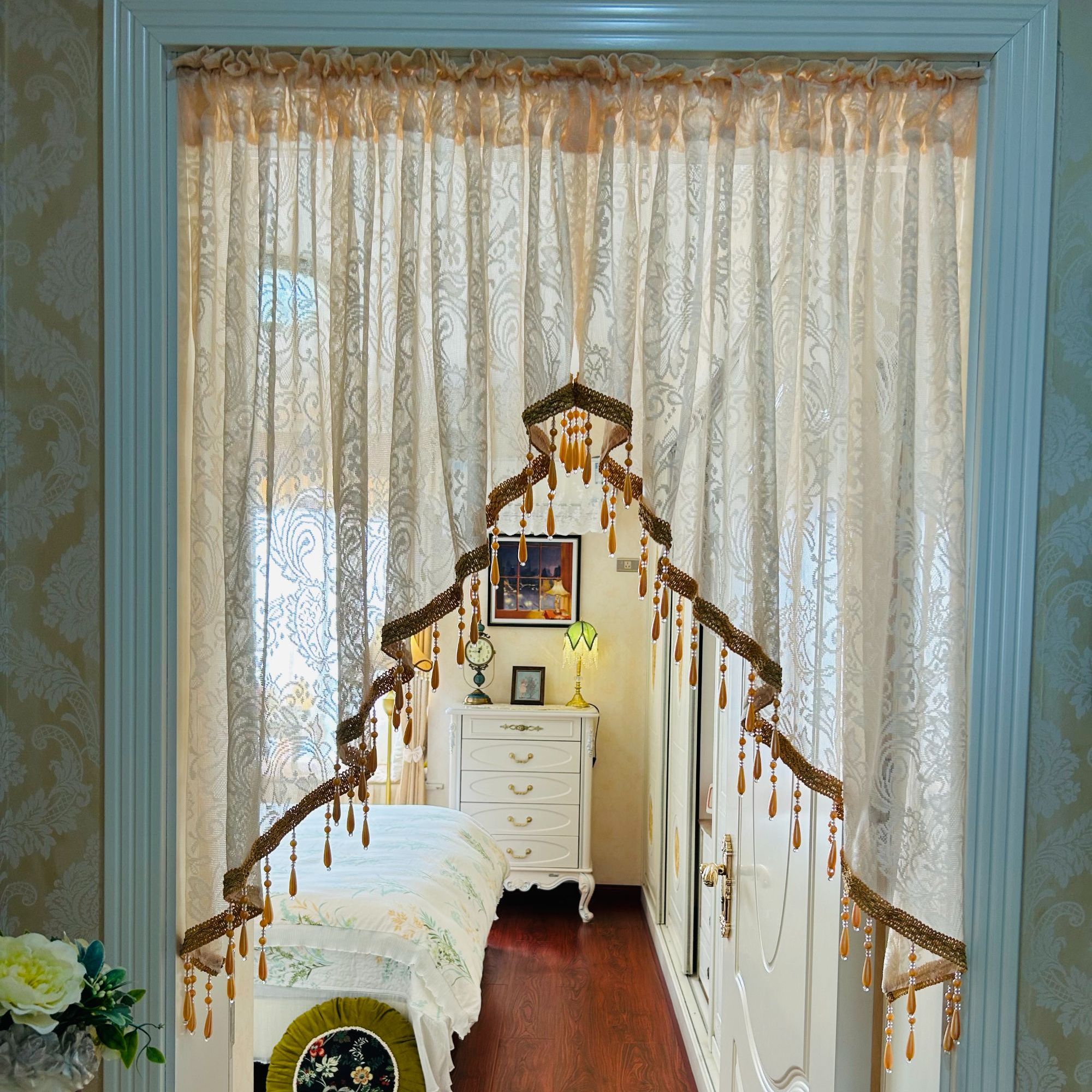 法式复古软装蕾丝门帘蕾丝半帘免打孔拱形门帘窗帘