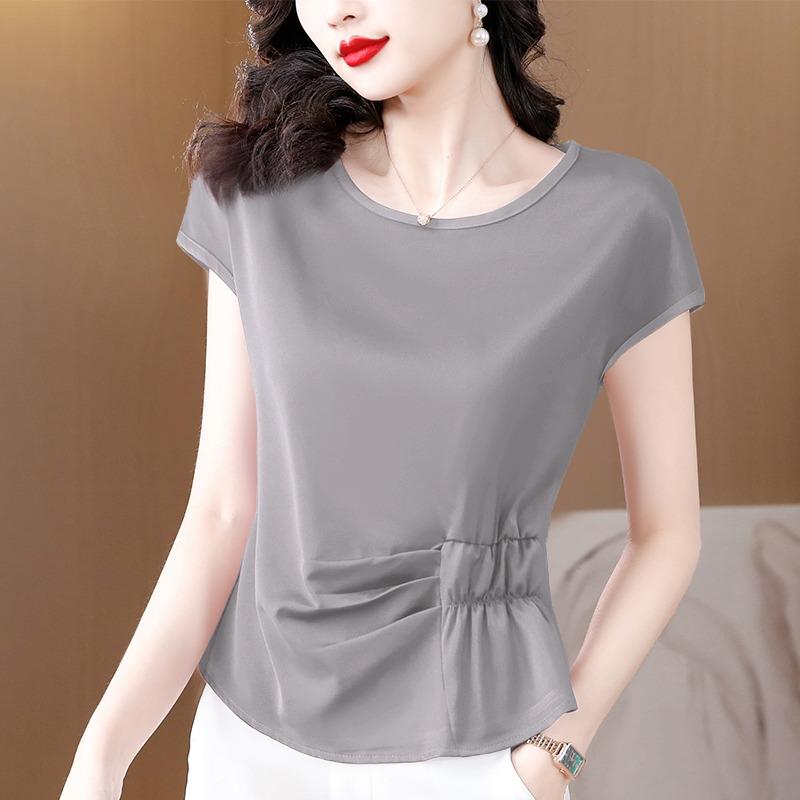 休闲圆领短袖T恤女夏季2025年新款时尚收腰褶皱上衣纯色缎面小衫