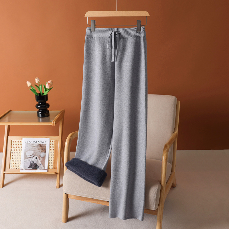 【加厚加绒】羊绒阔腿裤秋冬女高腰垂感加厚针织直筒裤休闲外穿裤