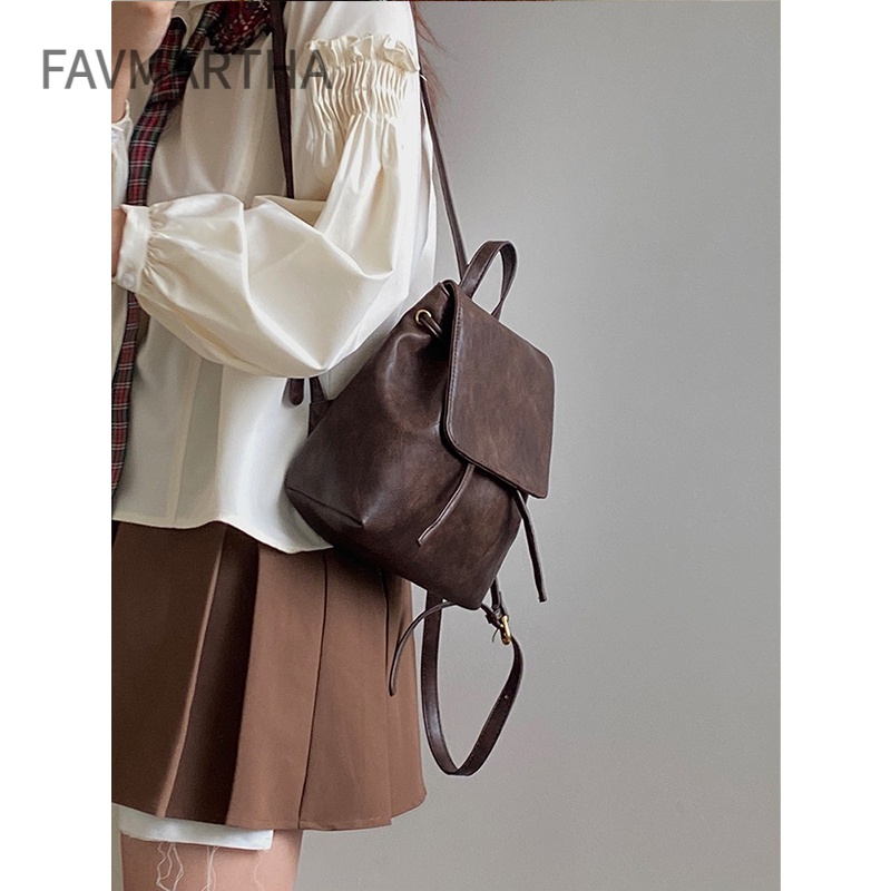 小红书同款小巧复古棕色双肩包女2023春夏新款简约文艺百搭单肩包