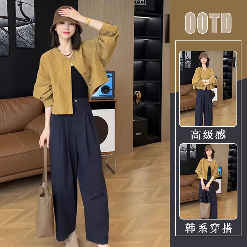 秋款套装女2024新款爆款复古长袖衬衫外套高腰显瘦阔腿裤两件套女