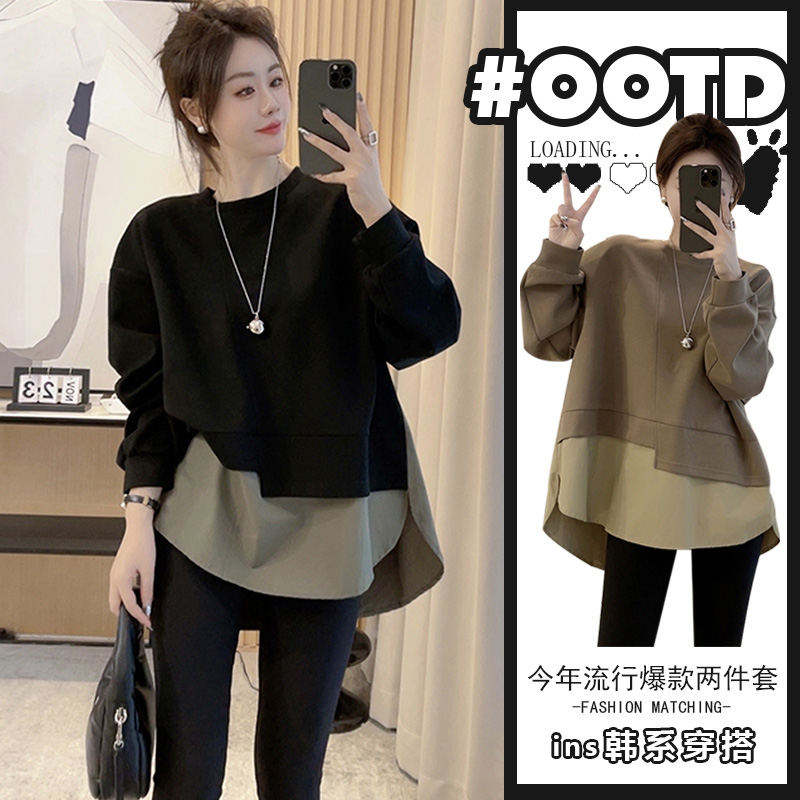 慵懒风穿搭一整套春秋新款撞色拼接假两件圆领卫衣显瘦裤子两件套