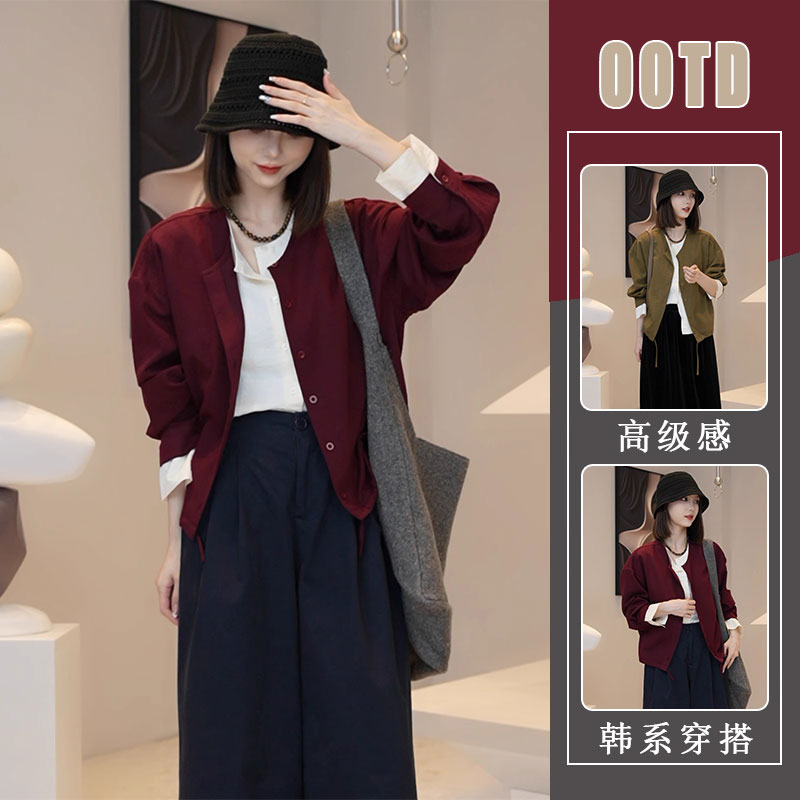 韩版宽松洋气减龄穿搭春秋新款百搭简约假两件上衣高腰阔腿裤套装
