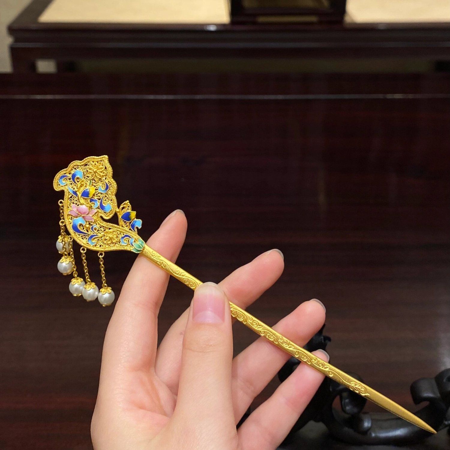 翠花丝烧蓝莲花贝珠流苏簪子女宫廷高级古典汉服步摇发饰古风国风