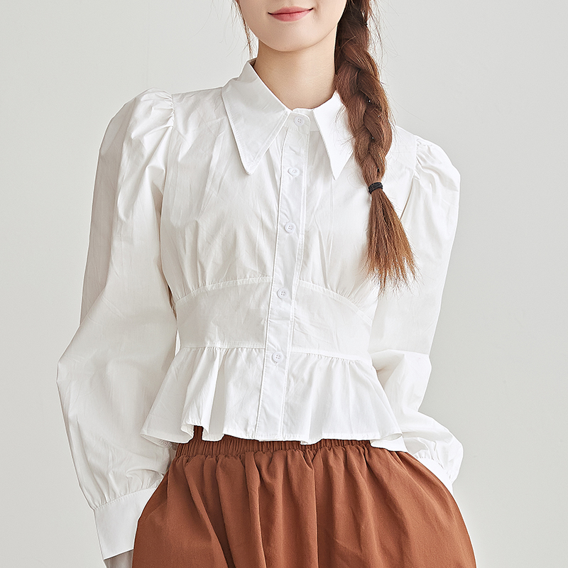 法式复古短款泡泡袖衬衫女秋装气质时尚百搭收腰显瘦纯棉长袖上衣