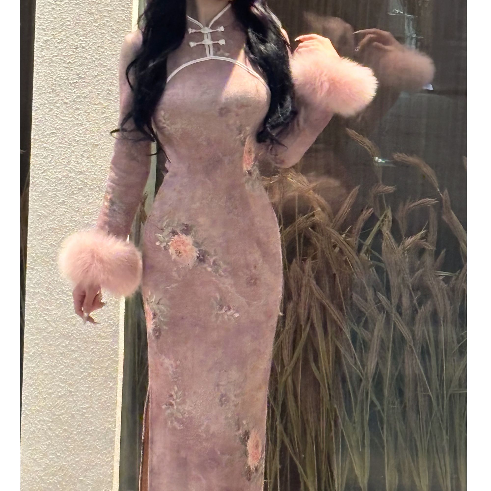 LHMknk1画报夫人原创自制秋冬厚款曼丽绒针织旗袍连衣裙  粉娇娘