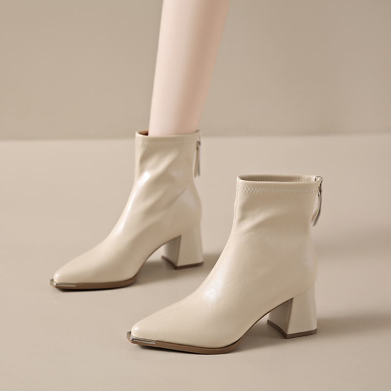 【万达撤柜】粗跟短靴女2025秋冬新款尖头高跟单靴真皮加绒瘦瘦靴女