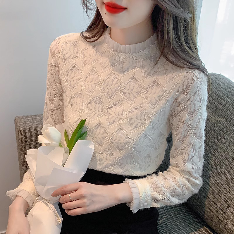 法式半高领蕾丝打底衫女士2025年秋季新款高级感加绒加厚内搭上衣