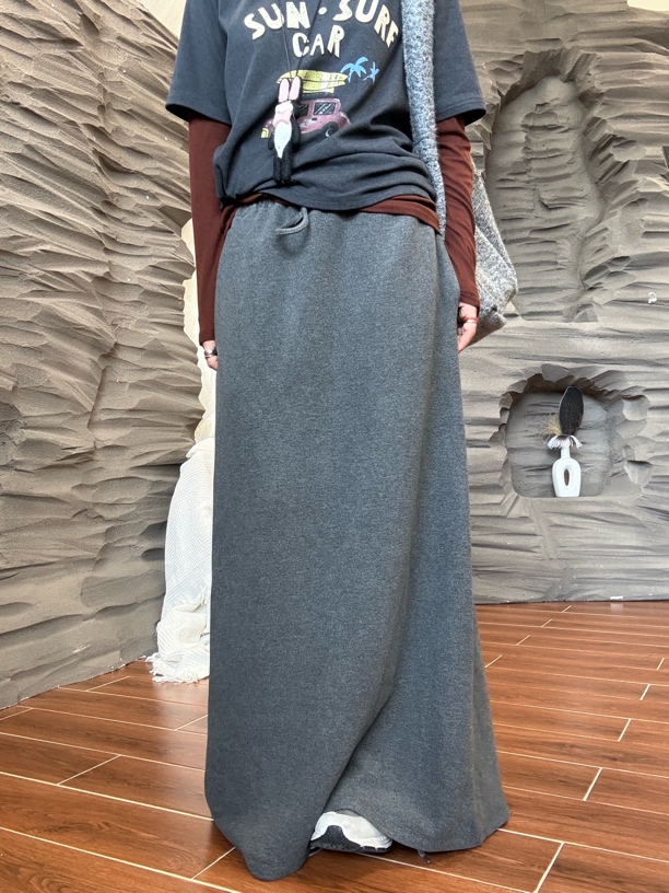（慵懒裙）休闲秋冬加厚松紧腰灰色裙子半裙