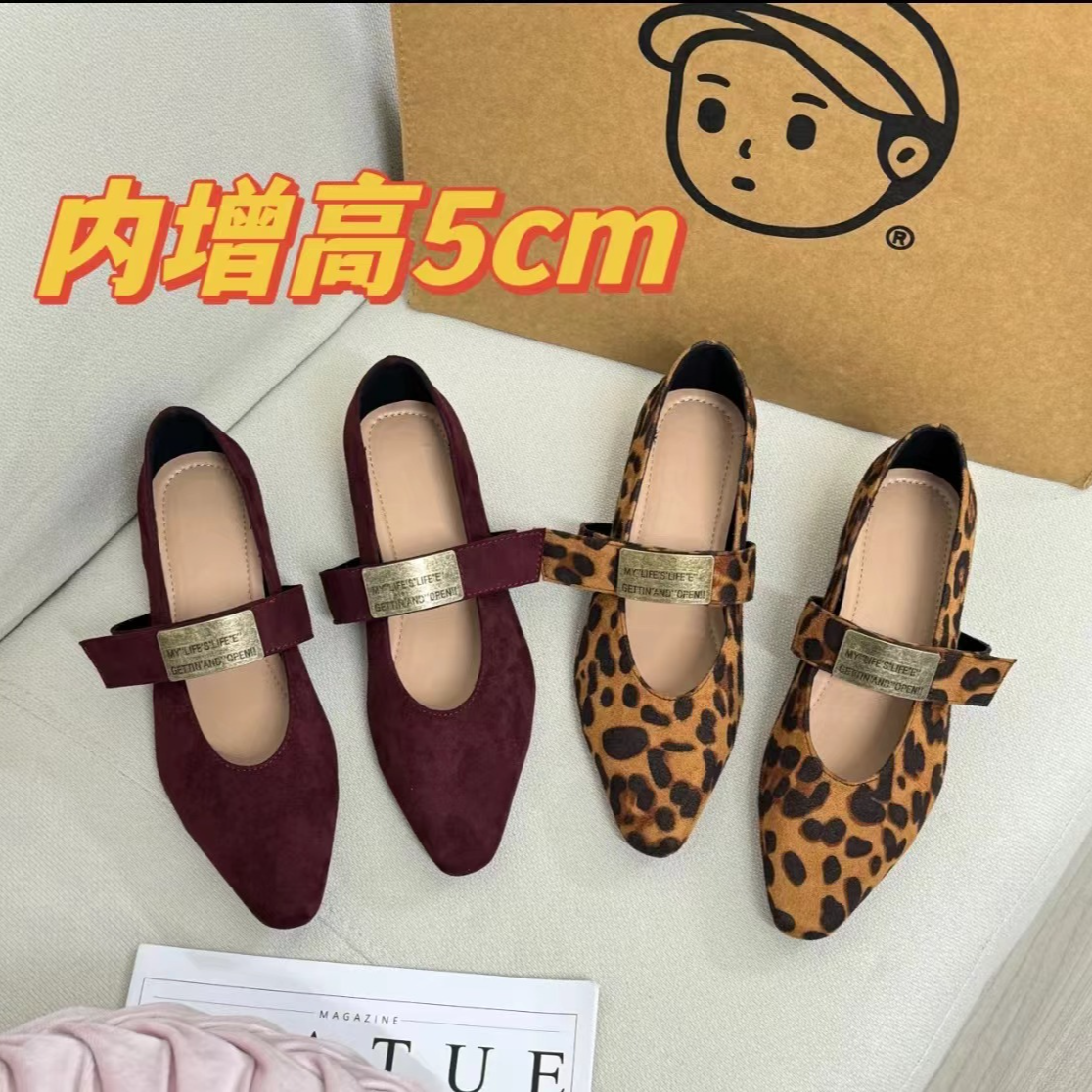 新款内增高5cm豹纹时尚百搭复古尖头一字带通勤小个子单鞋女
