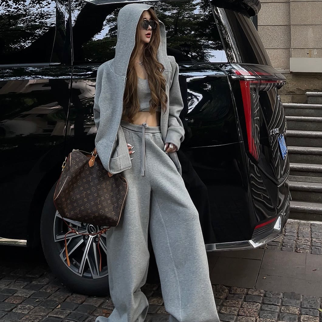 美式连帽拉链卫衣外套女早秋简约休闲运动套装高腰直筒裤两件套