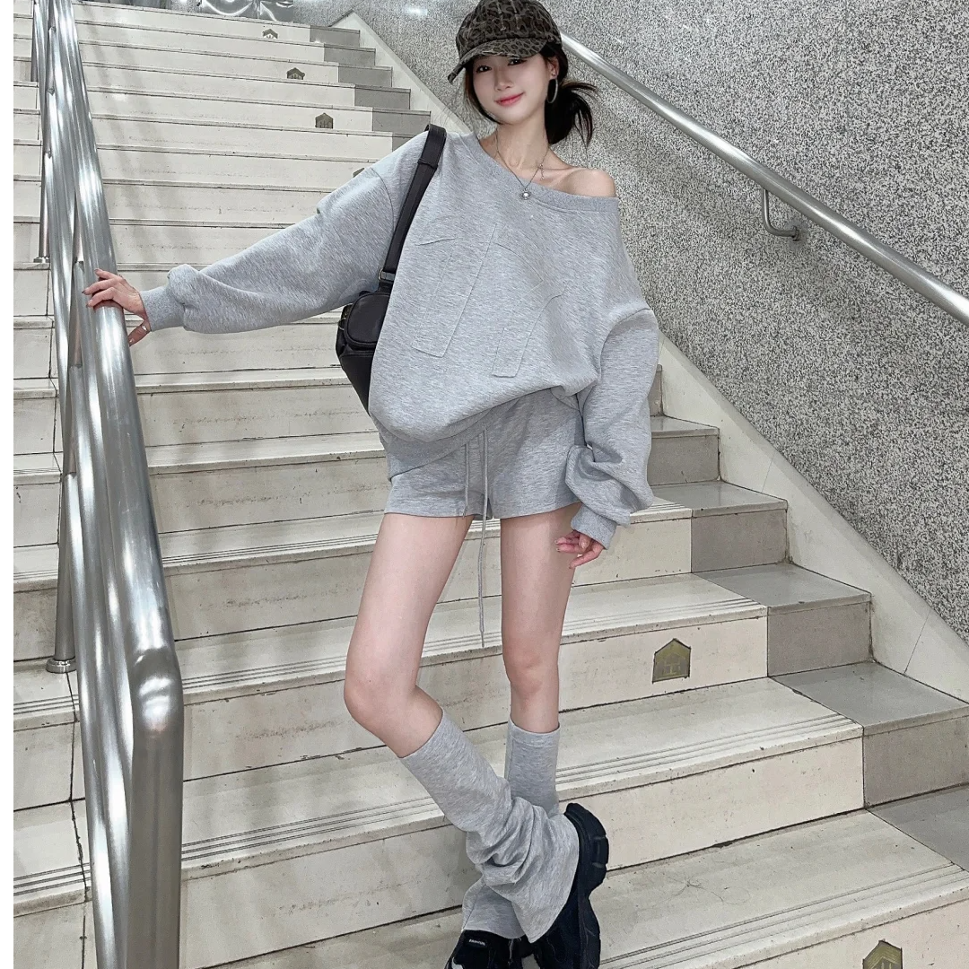 美式街头纯欲一字斜肩卫衣套装春季新款宽松慵懒风显瘦长袖上衣女