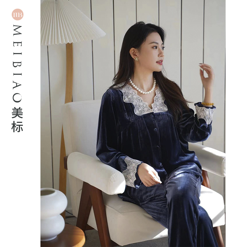 美标高档女士睡衣家居服美标百分百桑蚕丝真丝绒秋冬套装100145