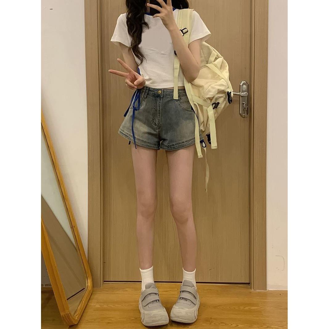 雪千羽美式复古水洗做旧牛仔短裤女夏高腰a字百搭小个子辣妹热裤