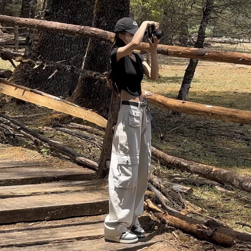 雪千羽美式复古高街白色工装阔腿裤女夏2025新款春秋小个子休闲裤