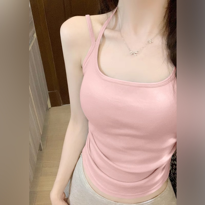 挂脖吊带背心女秋冬季2025新款粉色带胸垫外穿遮副乳内搭打底上衣