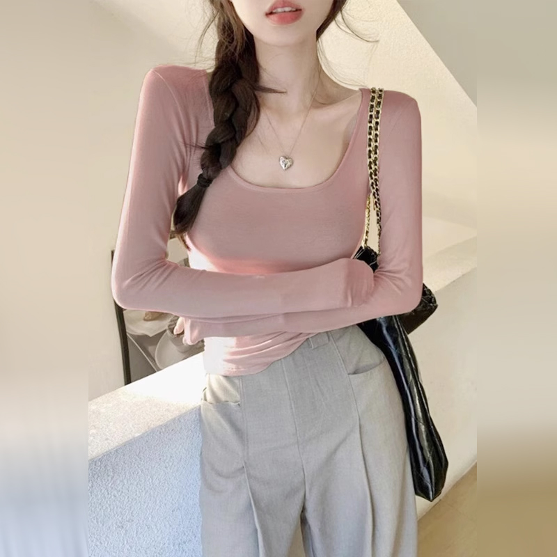 方领打底衫女秋冬装2025新款修身内搭德绒粉色辣妹茶艺风纯欲上衣