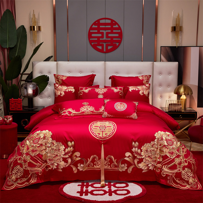 水星家纺新中式婚庆四件套全棉龙凤刺绣多件套大红色被套联名优品