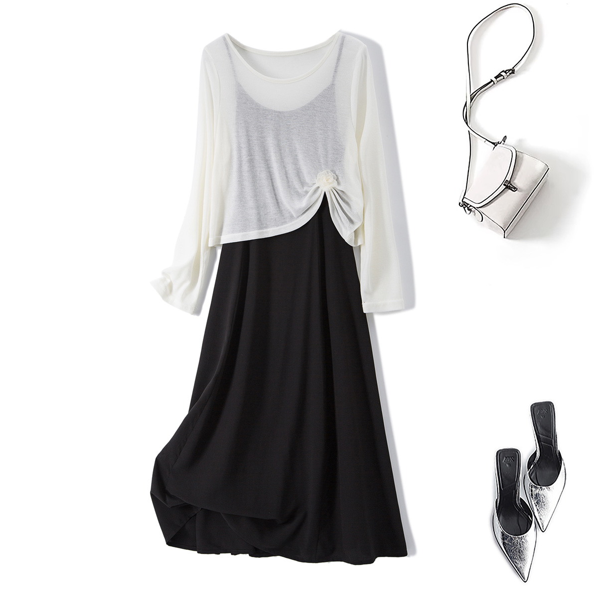 清63425大码女夏季胖mm扭结薄款外搭罩衫上衣打底背心连衣裙套装