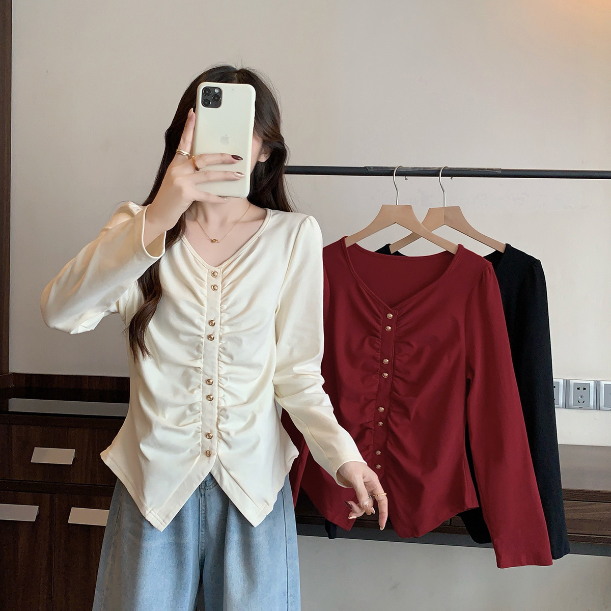 清2025春季胖mm大码不规则长袖不规则T恤褶皱正肩打底上衣63616