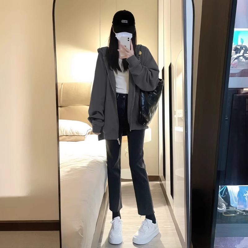 外穿连帽纯棉卫衣百搭春秋冬季2025新款休闲宽松开衫外套拉链上衣