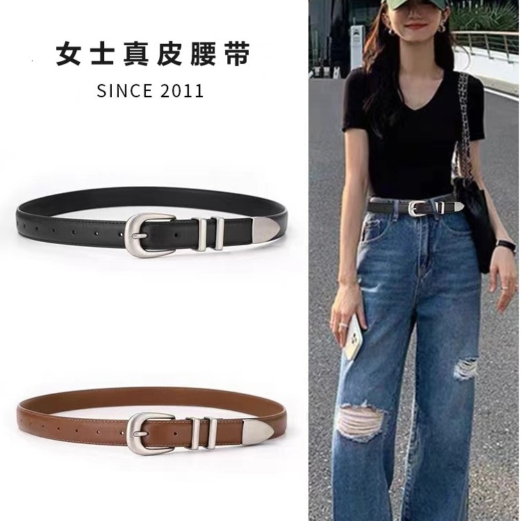 女士真皮黑色腰带复古休闲风针扣牛皮皮带女士牛仔裤皮带西装腰带