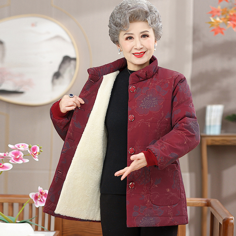 中老年妈妈装冬季加绒棉衣大码奶奶装立领保暖棉服老太太加厚外套